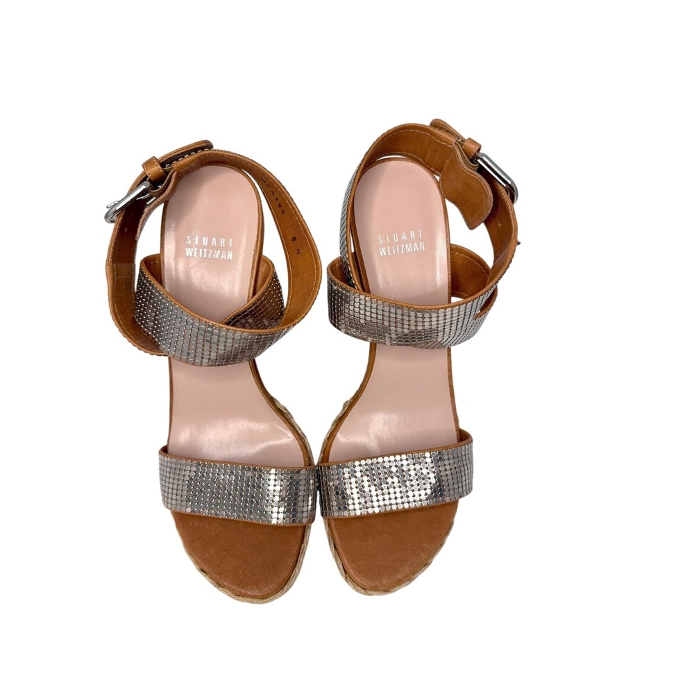 Stuart Weitzman Vintage Tan Leather Silver Chainmail Espadrille Wedge 8M W69188 - Picture 7 of 14